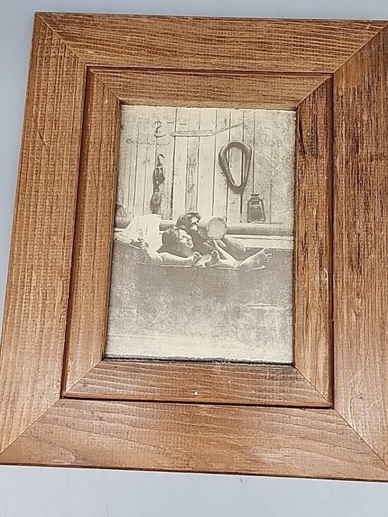Vintage R Hendrickson Print Bathing Cowboy Girl Bathtub Western Rustic Frame - Picture 1 of 5